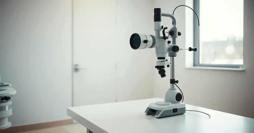Sala de consulta oftalmológica vazia com aparelho de exame sobre a mesa