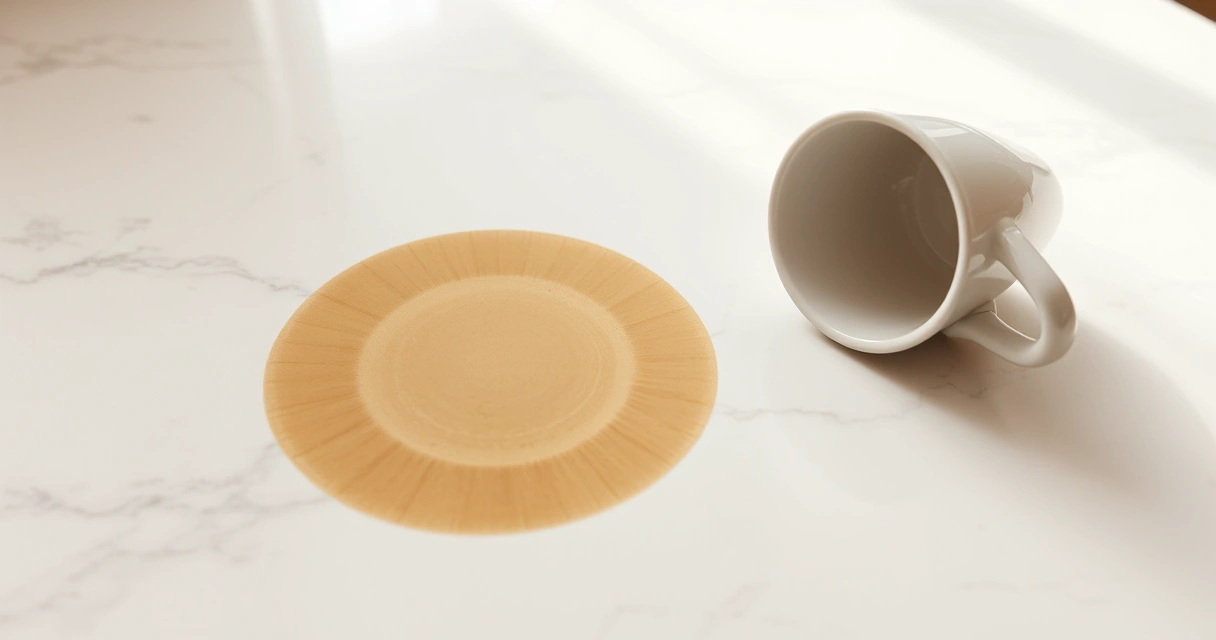 Mancha circular de café em bancada de mármore branco ao lado de xícara