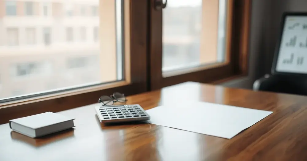 Folha em branco sobre mesa de madeira com calculadora e óculos junto à janela